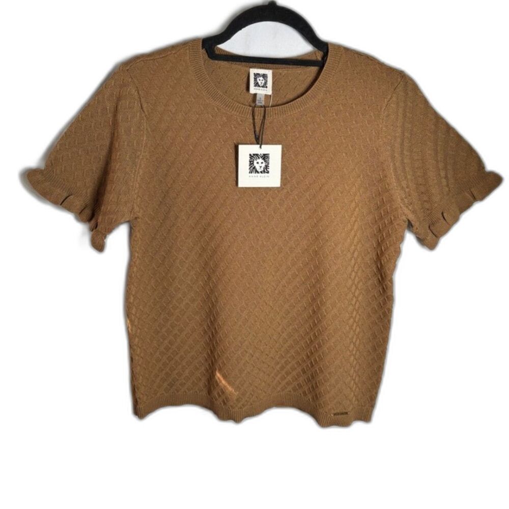 Anne Klein Women’s Small Camel Textured Knit Short Sleeve Sweater Top